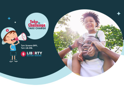 Take the Challenge logo and child on father's shoulders having fun