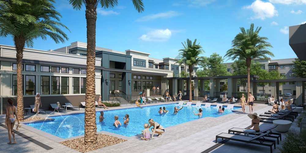 A render of our swimming pool at Evergreen Westside in Gainesville, Florida