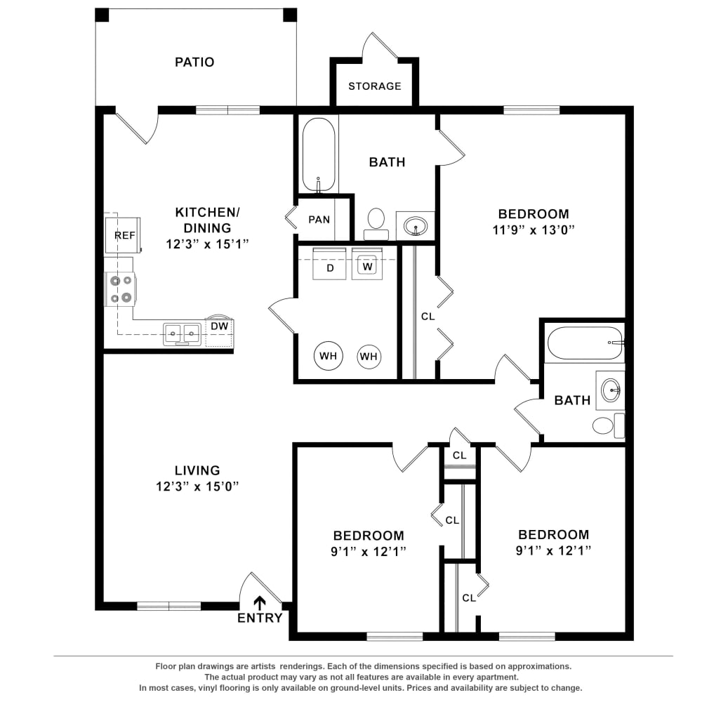 3x2 Garden floor plan drawing at Madison Pines Apartment Homes in Madison, Alabama