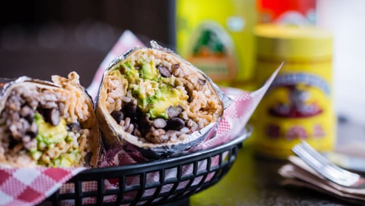 Tasty bean and rice burrito from a restaurant near Olympus at the District in South Jordan, Utah