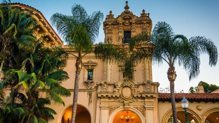 Historic Spanish colonial homefront near Olympus Corsair in San Diego, California