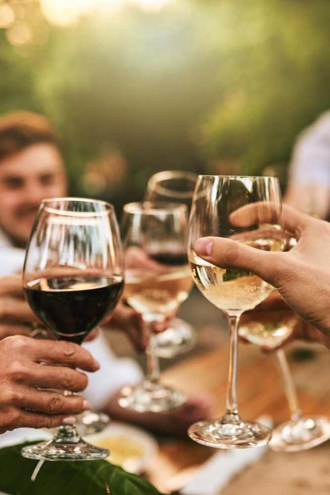 Friends toasting their glasses at Oak Ridge Apartments in San Antonio, Texas