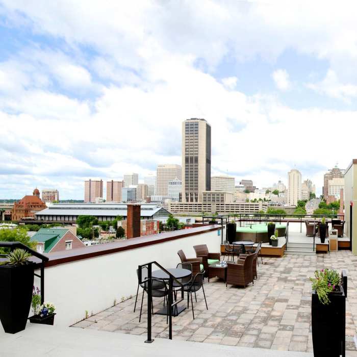 Rooftop patio with city views at Cedar Broad, Richmond, Virginia