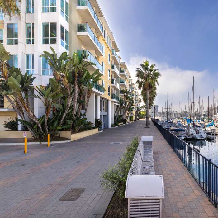  Marina-front apartment community and boat harbor at Capri Apartments in Marina Del Rey, California