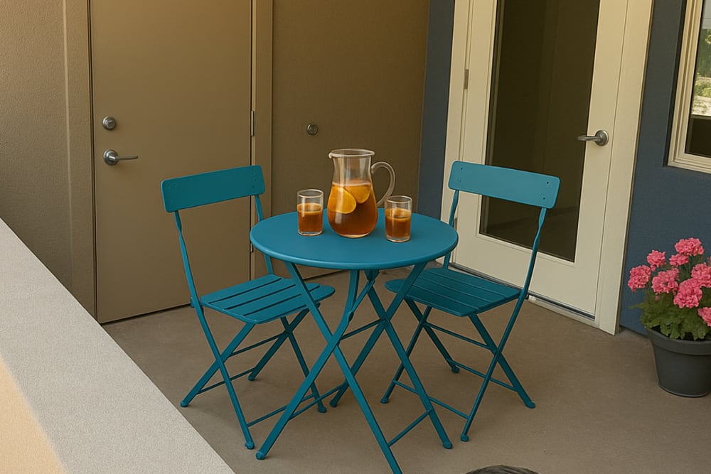 Teal patio set on the porch with tea pitcher and glasses and a yorkie