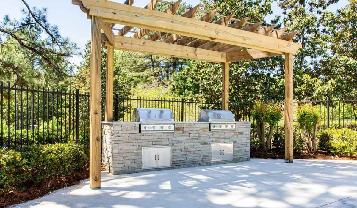 Two stainless steel grills on stone base at The Laurel in Union City, Georgia