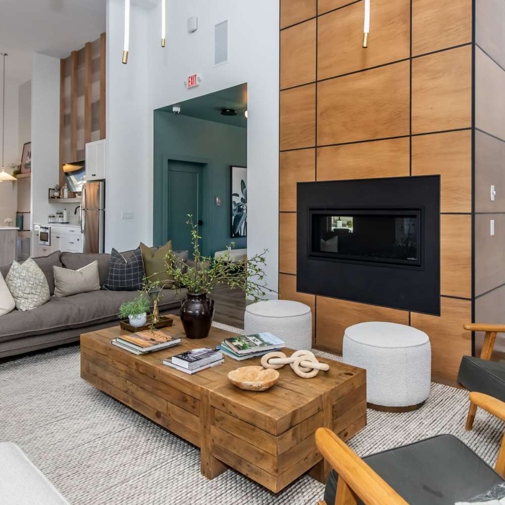 Community clubhouse with fireplace at InterUrban 2.0 in Billings, Montana