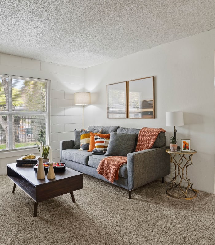 Carpeted living room at The Phoenix Apartments in El Paso, Texas