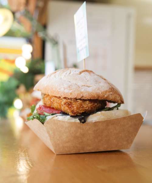 Fried chicken sandwich in a paper tray at Clover Ridge in McConnelsville, Ohio
