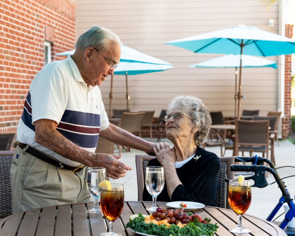 Two residents share a conversation at Harmony at Harts Run in Glenshaw, Pennsylvania