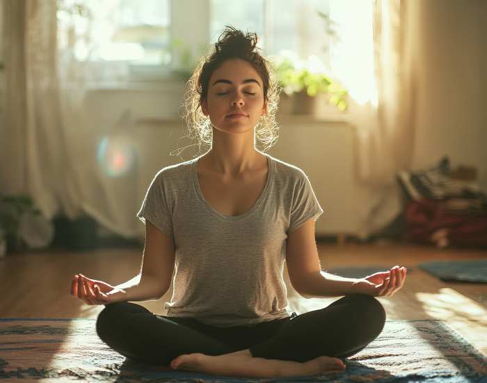 Resident doing meditation in her apartment home at Norco Valley Square in Norco, California