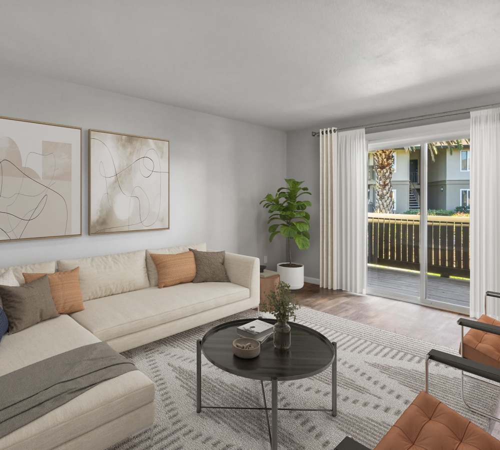 Living room with sliding doors and private patio