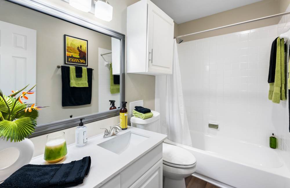 Bright bathroom with mirror and bathtub at Lavera At Lake Highlands in Dallas, Texas, 