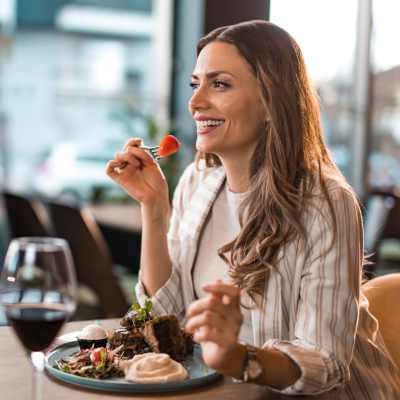  A resident enjoys food near The Blake, Alexandria, Virginia