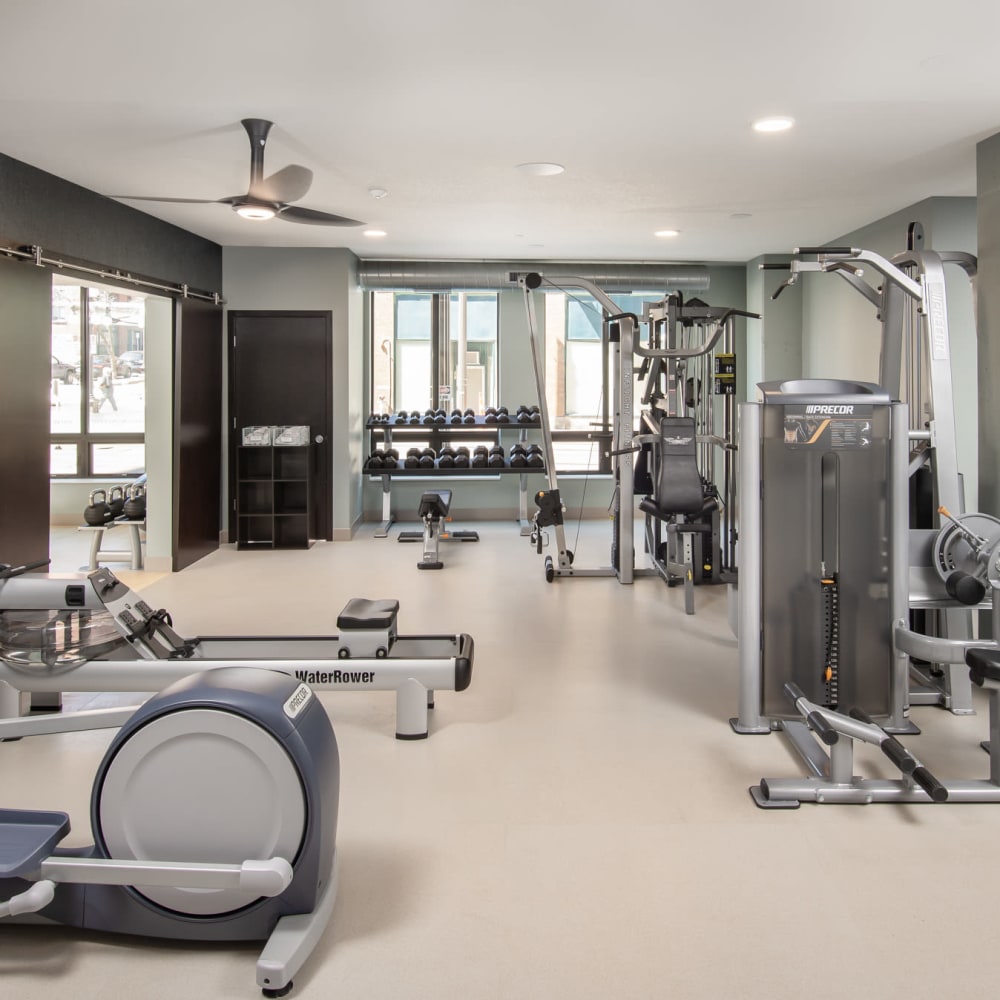 Well-equipped fitness center at Oaks Union Depot in St Paul, Minnesota