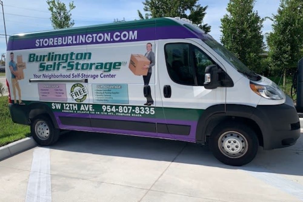 Free moving truck rentals at Burlington Self Storage Pompano Beach in Pompano Beach, Florida