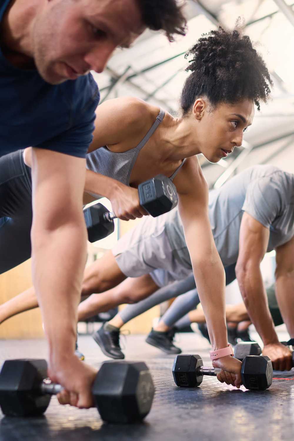 Residents lifting weights at The Annex at Bridgeton in Portland, Oregon