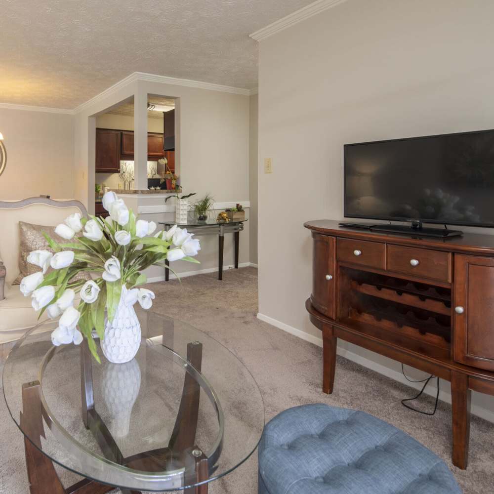 Bright living room with wood-style flooring at Tapestry on Vaughn in Montgomery, Alabama,  