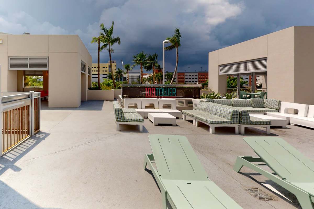 Outdoor lounge at 109 Tower in Miami, Florida