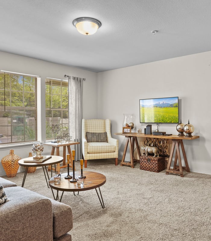 Carpeted living room at Villas of Waterford Apartments in Wichita, Kansas