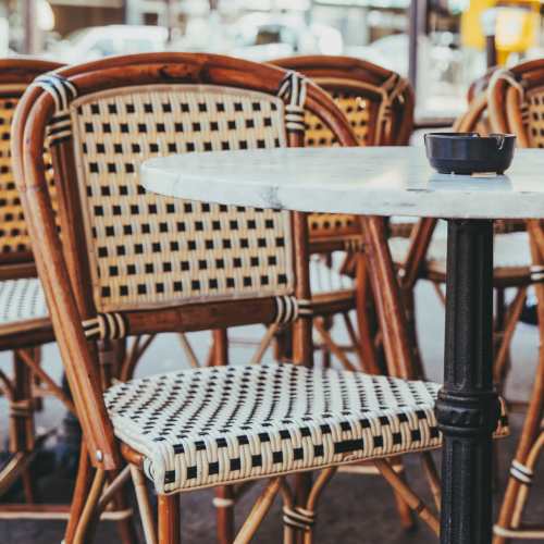 View of outdoor seating in a restaurant at Silver Lakes in Madison, Georgia