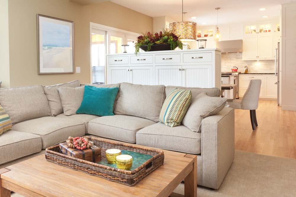 Living room in a model home at Reeds Landing Apartments in Edmond, Oklahoma