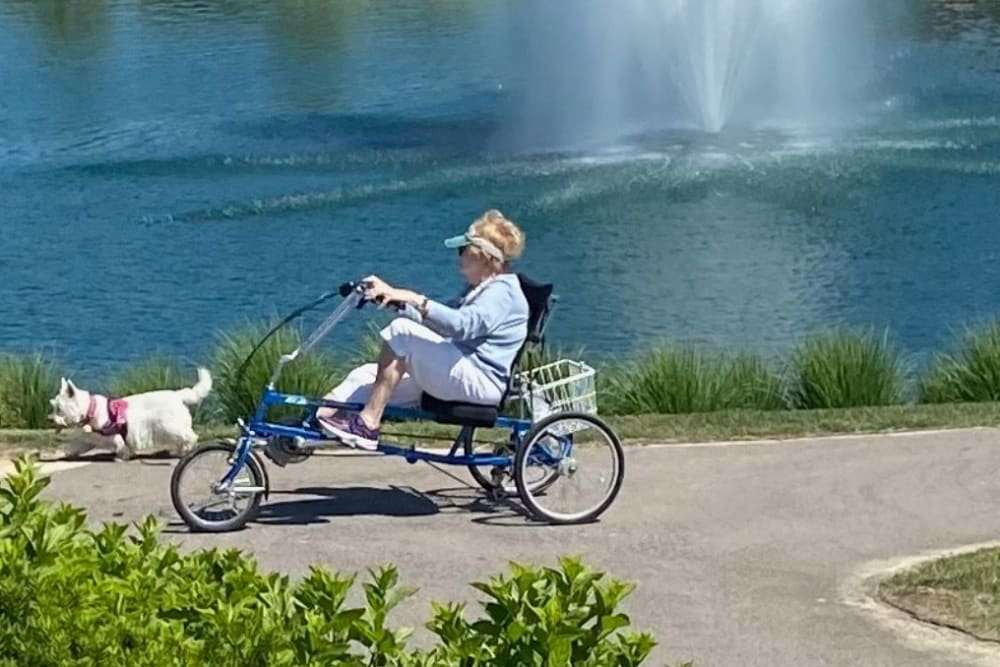 Lady riding a bike with her dog at Blossom Ridge in Oakland Charter Township, Michigan