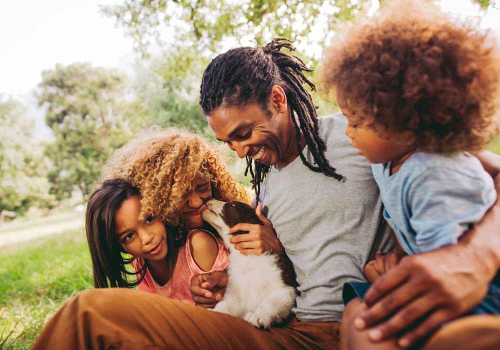Family playing with puppy near Randall Highlands in , IL