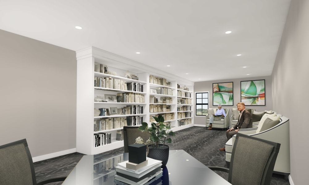 Resident library with seating at Keystone Place at Magnolia Commons in Glen Carbon, Illinois