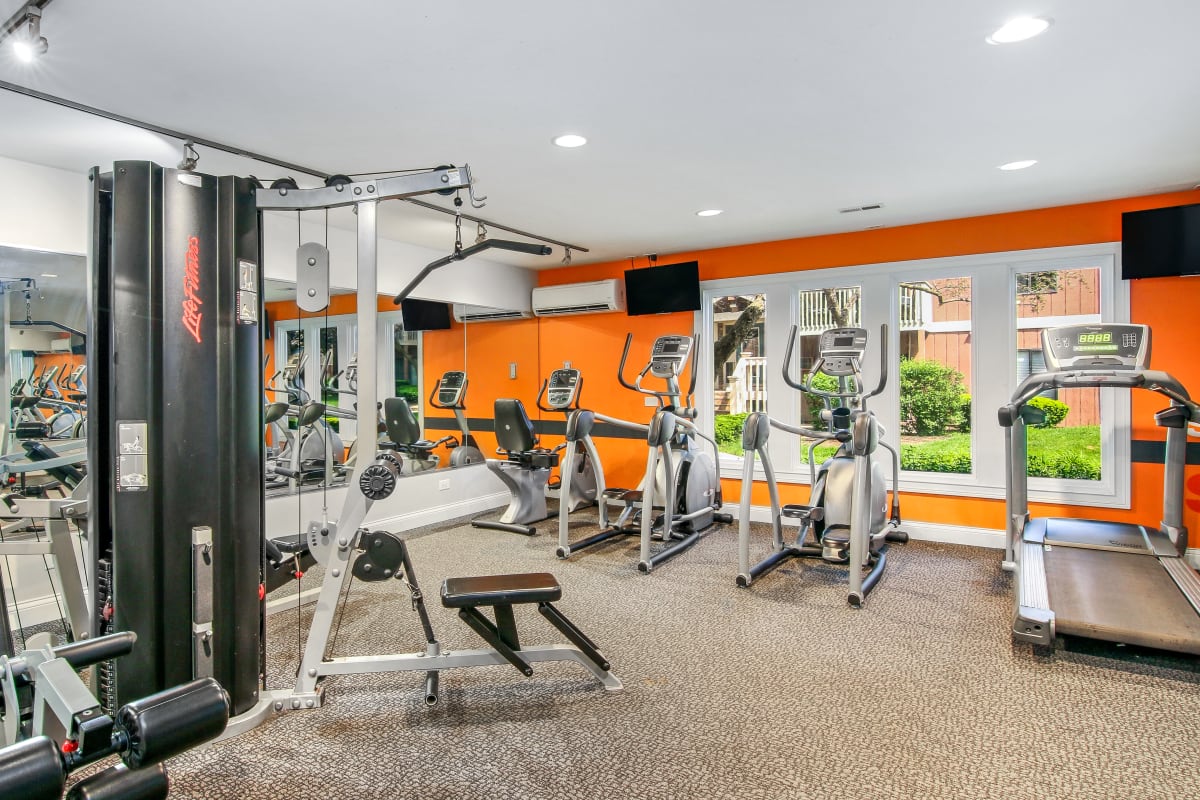 Resident fitness center with cardio machines at Lakeside Apartments in Wheaton, Illinois.