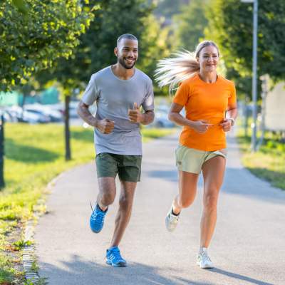 Two residents out on a jog near Edge DTC in Denver, Colorado