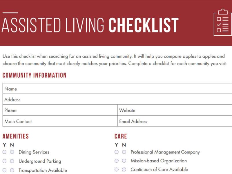 Assisted Living checklist at The Pillars of Prospect Park in Minneapolis, Minnesota