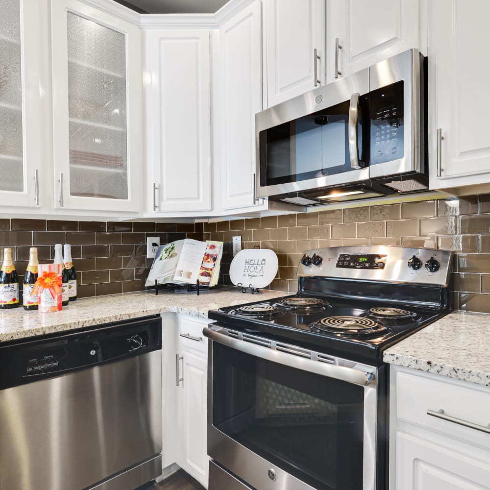 Stainless steel appliances in an apartment kitchen at The Courts of Avalon in Pikesville, Maryland