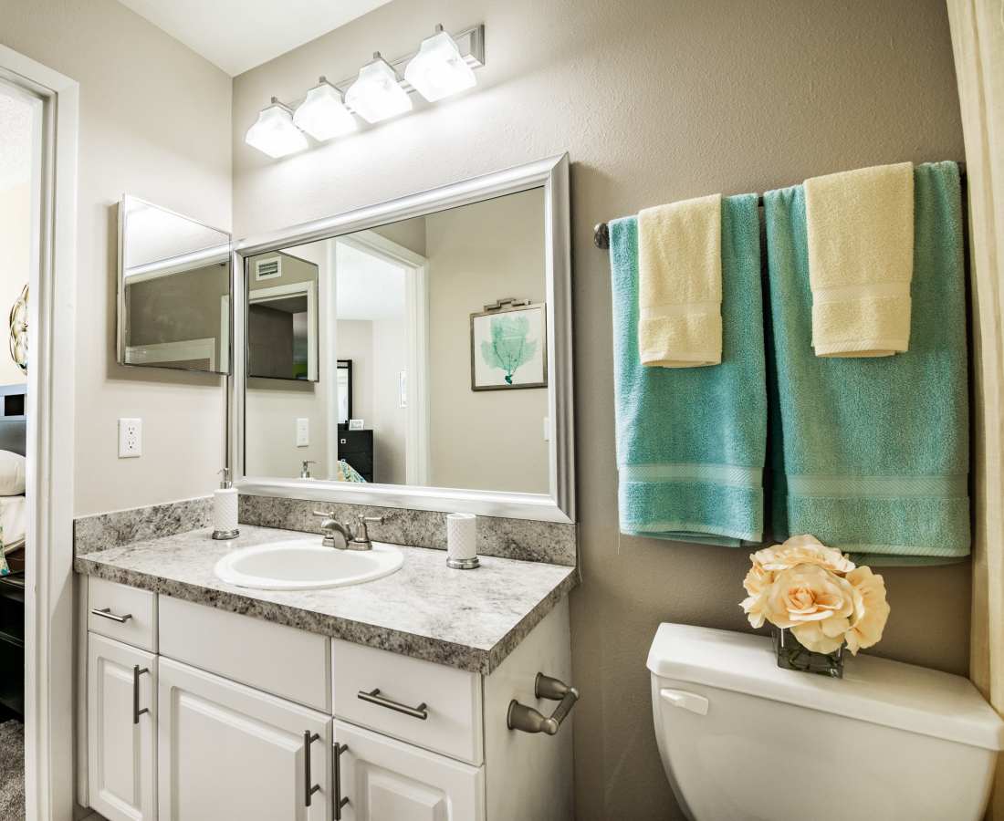 Bright bathroom at Lofton Place in Tampa, Florida