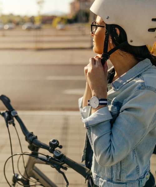 Resident getting ready to bike at Ventura Park Plaza Apartments in Portland, Oregon