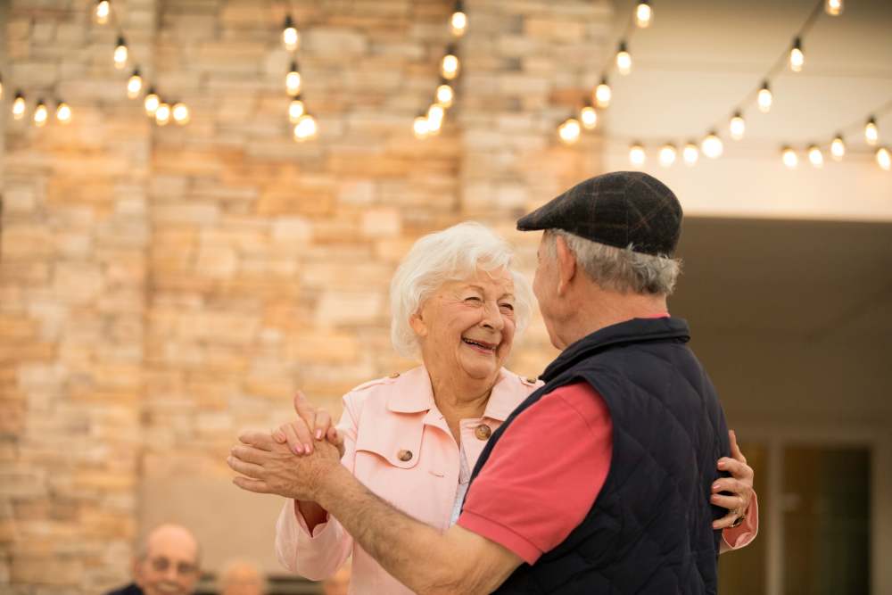 Residents dancing at Clearwater at Glendora in Glendora, California