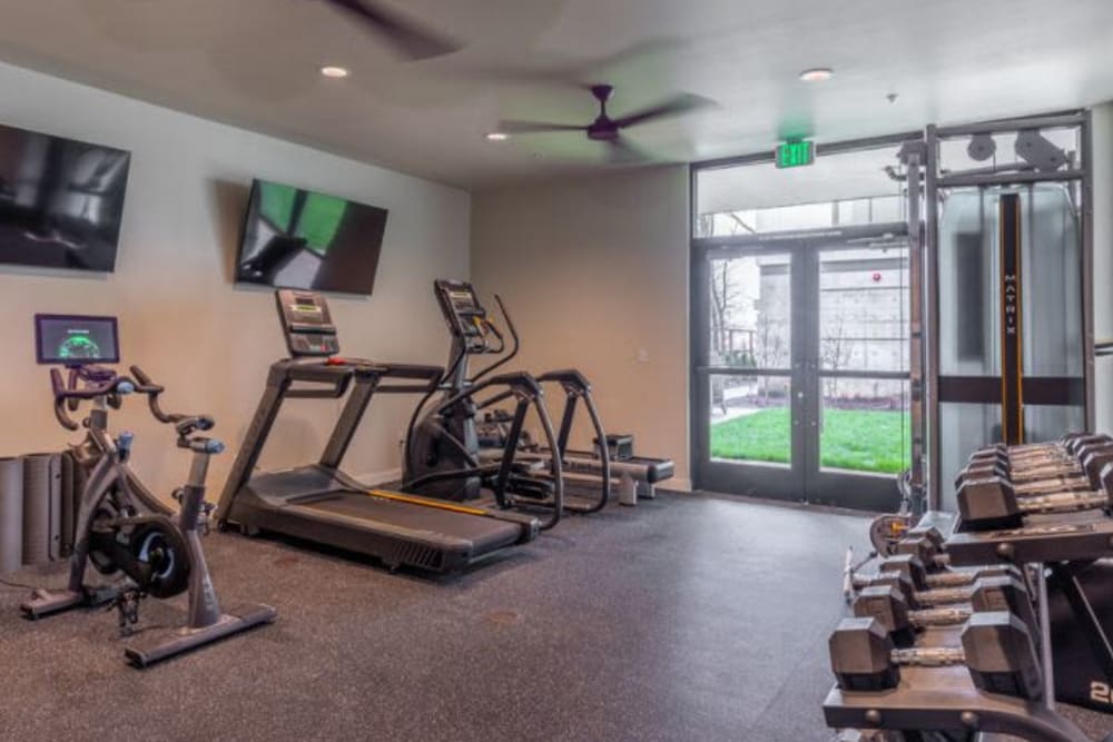 Fitness treadmill, water rower, TRX and free weights at Marquam Heights in Portland, Oregon