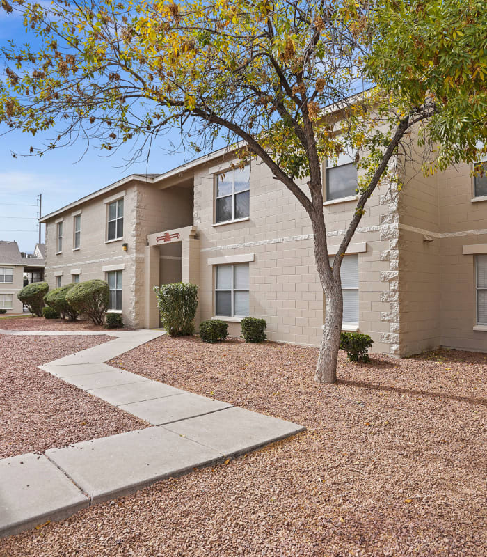 Exterior with pathway at The Phoenix Apartments in El Paso, Texas