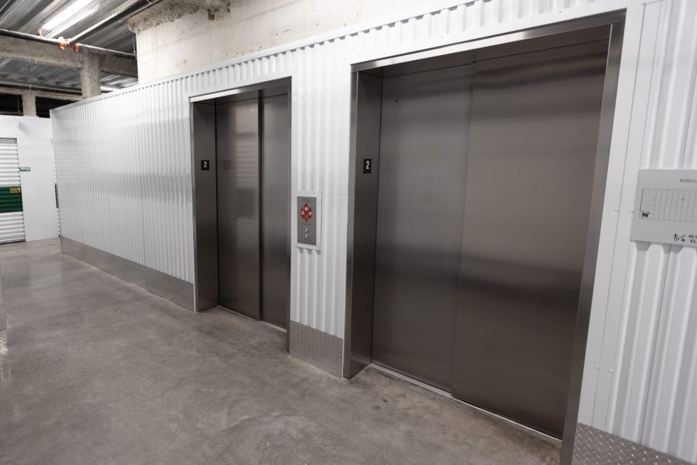 Elevators in the modern facility at Burlington Self Storage Pompano Beach in Pompano Beach, Florida