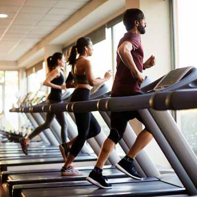 Residents using treadmills in a fitness center at Century Medical District, Dallas, Texas