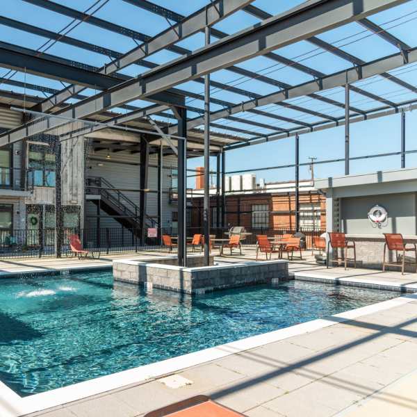 Outdoor courtyard with pool at Scotts Edge, Richmond, Virginia