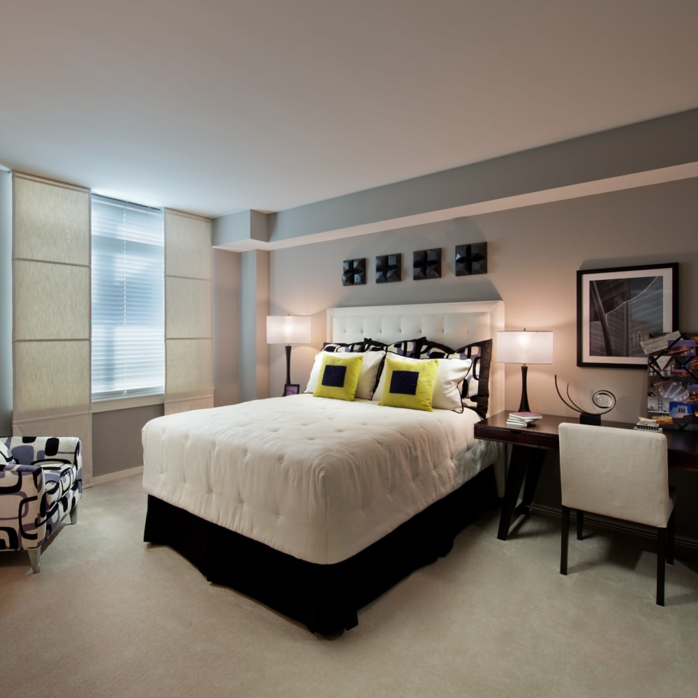 Beautifully decorated bedroom in a model home at Solaire 1150 Ripley in Silver Spring, Maryland