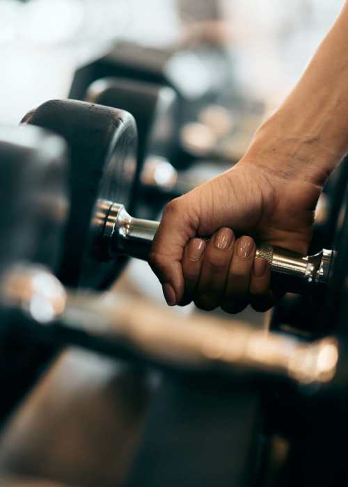 Fitness center with dumbbells rack at The Lawrence in Buffalo, New York