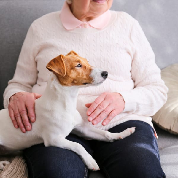 A woman and her dog at Serra Highlands Senior Living in Daly City, California