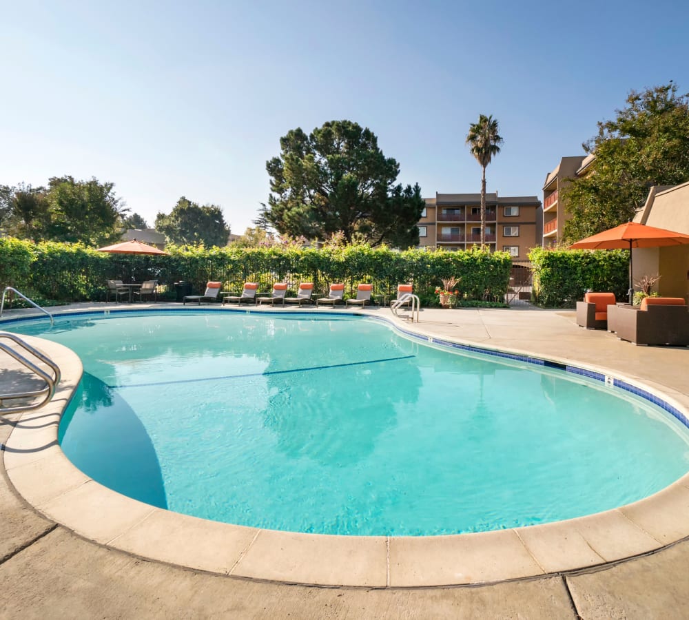 Swimming pool area on a peaceful sunny morning at Waterstone Fremont in Fremont, California