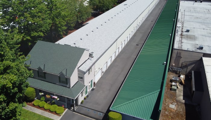 Aerial view of Oswego Storage with drive-up storage units and electronic gated access in Lake Oswego, Oregon