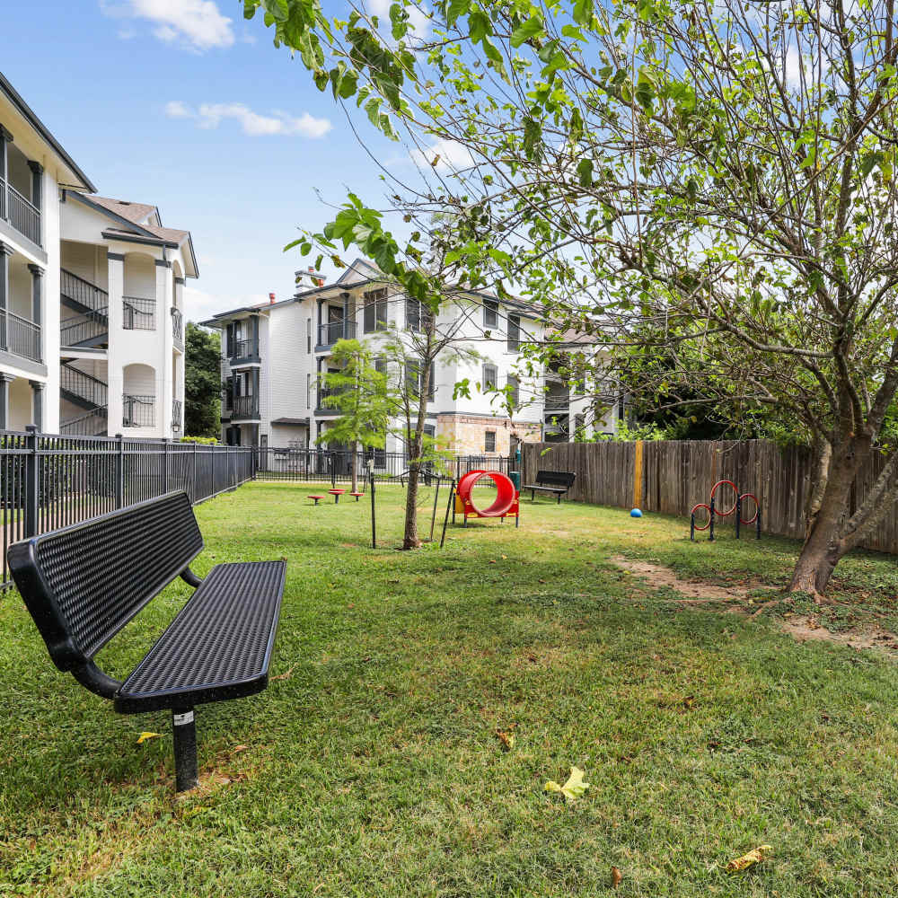Dog park with benches at Sutton in Austin, Texas