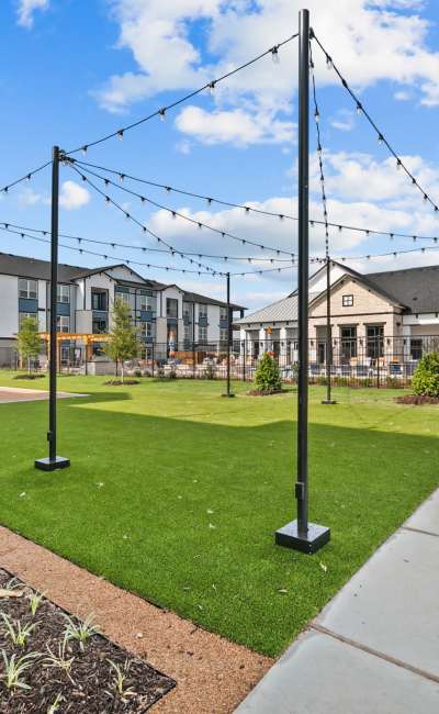 Outdoor lawn with lights at SunRidge Management Group in Dallas, Texas