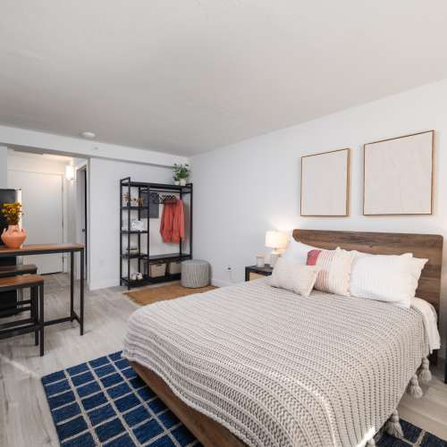 Vibrant bedroom with proper ventilation at Pinnacle Point Apartments in Fife, Washington
