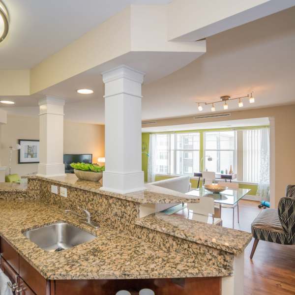 Kitchen with granite countertops at The Encore, Alexandria, Virginia